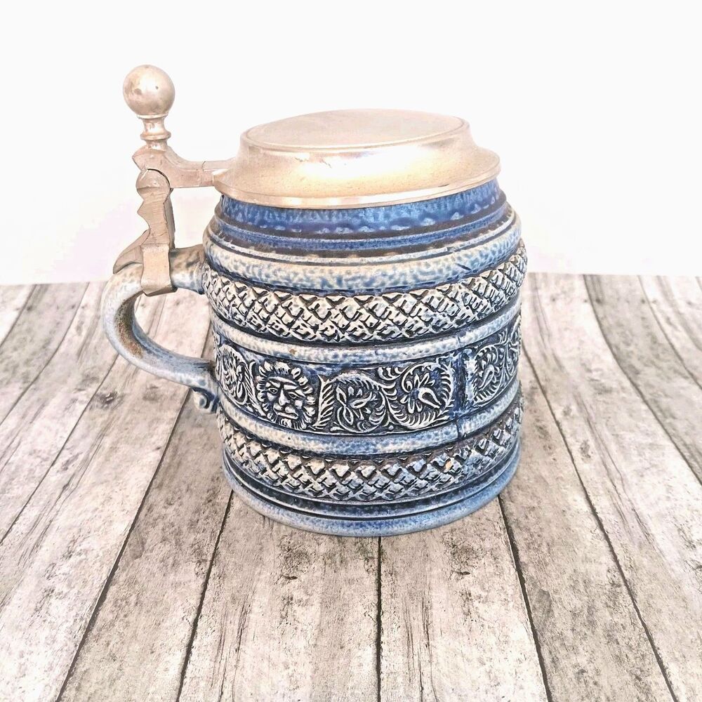 Vintage Gerz W Germany Lidded Beer Stein Cobalt Blue Lion Relief Stoneware